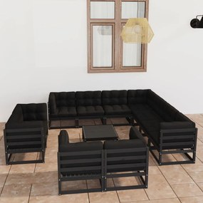 3077003 vidaXL Set mobilier de grădină cu perne12 piese, negru, lemn masiv pin