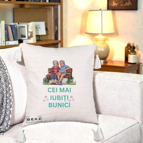 Cadou pentru Bunici - Perna Personalizata Cei Mai Iubiti Bunici Cuplu pe Banca Ilustratie, 40x40 cm, Bej cu Franjuri, Husa Detasabila, Perna Inclusa, BEKZ®