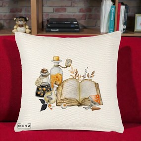 Perna Decorativa Grimoire Vrajitoare si Filtre Magice Halloween, 40x40 cm, Crem Reliefat, Husa Detasabila, Perna Inclusa, BEKZ®