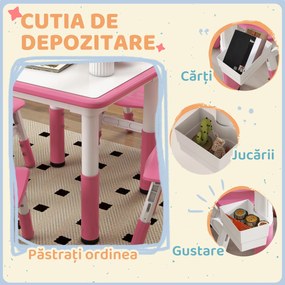 AIYAPLAY Set Masă și Scaune pentru Copii 18-60 Luni cu Înălțime Reglabilă și Tablă de Scris, 60x60x46-58 cm, Roz | Aosom Romania