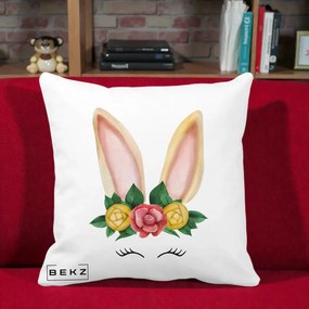 Perna Decorativa Iepuras Flori Urechi Pastelui, 40x40 cm, Alba Mata, Husa Detasabila, Perna Inclusa, BEKZ®