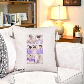 Perna Personalizata K-pop BTS Colaj 7 Portrete cu Inimi Lila, 40x40 cm, Bej cu Franjuri, Husa Detasabila, Perna Inclusa, BEKZ®