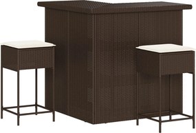 vidaXL Set bar de grădină, 3 piese, cu perne, maro, poliratan