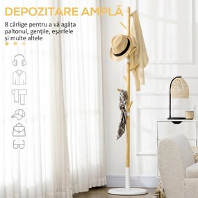 HOMCOM Cuier Vertical cu 8 Cârlige cu Bază Rotundă din Bambus, Lemn și Metal, Ø37,8x175,6 cm, Lemn Natural | Aosom Romania