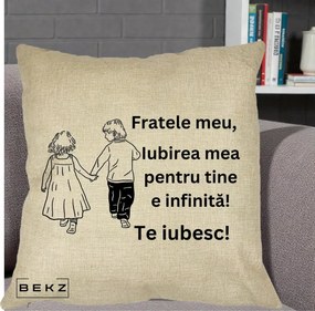 Cadou pentru Frate - Perna Personalizata Fratele Meu Te Iubesc Copii Tinand Maini Varianta 2, 40x40 cm, Crem, Husa Detasabila, Perna Inclusa, BEKZ®