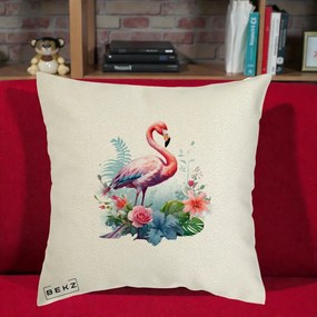 Perna Decorativa Flamingo cu Flori Tropicale Acuarela, 40x40 cm, Ecru, Husa Detasabila, Perna Inclusa, BEKZ®