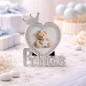 Ramă Foto Prince AZAY cu Coroană și Cristale, 5x5 cm, Ramă Foto Bebeluși, Cadou Botez / Nou-Născut, Cutie Cadou Inclusă