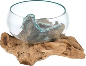 Bol din sticlă suflată pe lemn de tec, 20 cm