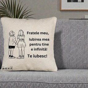 Cadou pentru Frate - Perna Personalizata Fratele Meu Te Iubesc Copii Tinand Maini Line Art, 40x40 cm, Bej Canapea, Husa Detasabila, Perna Inclusa, BEKZ®