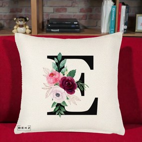 Cadou Personalizat - Perna Personalizata Monograma Florala Litera E, 40x40 cm, Crem Reliefat, Husa Detasabila, Perna Inclusa, BEKZ®