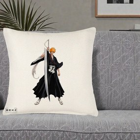 Perna Personalizata Bleach Ichigo Kurosaki Zangetsu, 40x40 cm, Crem Reliefat, Husa Detasabila, Perna Inclusa, BEKZ®