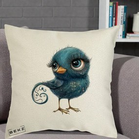 Perna Decorativa Pasare Teal cu Motive Aurii si Coada Spiralata, 40x40 cm, Ecru, Husa Detasabila, Perna Inclusa, BEKZ®
