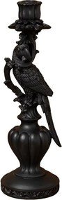 Sfeșnic din rășină cu papagal pe piedestal sculptat, negru antichizat-auriu, finisaj patinat, 33,5×11 cm, „Perroquet"