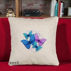 Perna Decorativa Patru Fluturi Turcoaz-Violet, 40x40 cm, Bej Canapea, Husa Detasabila, Perna Inclusa, BEKZ®