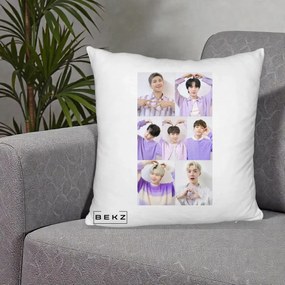 Perna Personalizata K-pop BTS Colaj 7 Portrete cu Inimi Lila, 40x40 cm, Alb Pufos, Husa Detasabila, Perna Inclusa, BEKZ®