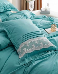 Lenjerie pat dublu, Inimi Brodate, 6 Piese, Finet Premium - Verde deschis