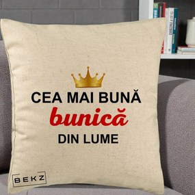 Cadou pentru Bunica - Perna Personalizata Cea Mai Buna Bunica Din Lume Coroana Aurie, 40x40 cm, Bej, Husa Detasabila, Perna Inclusa, BEKZ®