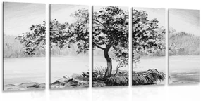 Tablou 5-piese cireș oriental în design alb-negru