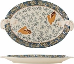 Platou de servire din ceramică albastră cu decor pasăre și model gravat pictat manual, 3,5x34x25 cm, "Hezha"