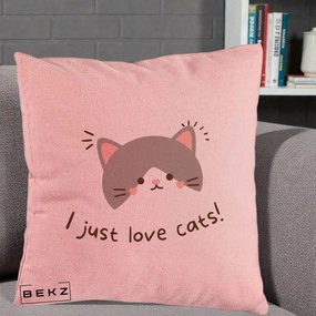 Perna Personalizata I Just Love Cats Pisica Kawaii, 40x40 cm, Roz, Husa Detasabila, Perna Inclusa, BEKZ®