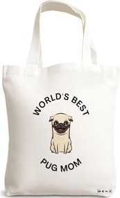 Sacosa de Panza pentru Cumparaturi, Geanta Tote, model World's best pug mom, 38x34.5 cm, Alba, BEKZ®
