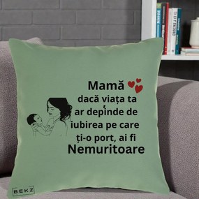 Cadou pentru Mama - Perna Personalizata Mama Nemuritoare Imbratisare Copil, 40x40 cm, Verde, Husa Detasabila, Perna Inclusa, BEKZ®