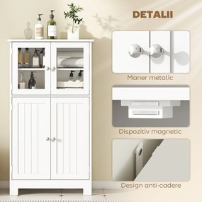 kleankin Mobile Bagno con 2 Armadietti e Ante in Vetro, Mobiletto Bagno Salvaspazio con Ripiano Regolabile, Armadietto da Terra per Sala da Pranzo, Salotto, Soggiorno, Cucina, 60x30x108.5 cm, Bianco | Aosom Romania