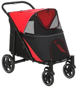 PawHut Cărucior Pliabil pentru Câini cu 4 Roți, Intrări cu Fermoar și Ferestre din Plasă, 112x65x100 cm, Roșu | Aosom Romania