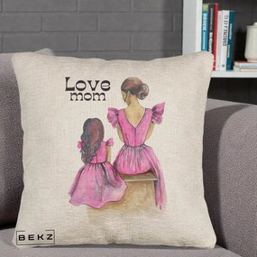 Cadou pentru Mama - Perna Personalizata Love Mom Rochii Roz, 40x40 cm, Bej Canapea, Husa Detasabila, Perna Inclusa, BEKZ®