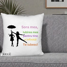 Cadou pentru Sora - Perna Personalizata Sora Mea Te Iubesc Siluete Colorate Umbrela, 40x40 cm, Alb Pufos, Husa Detasabila, Perna Inclusa, BEKZ®