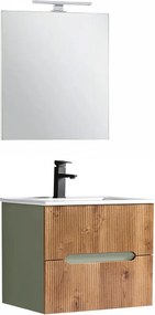 Trent mobilier de baie 60 cm chiuvetă ceramică (2 sertare) cu oglindă 60x80 cm stejar verde măslin-sunset