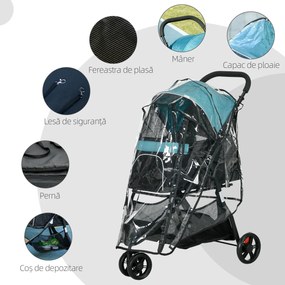 PawHut Cărucior pentru Câini cu 3 Roți, Cărucior Pliant cu Husă de Ploaie, Coș și Curea, 80,5x51,5x100 cm, Verde Închis | Aosom Romania