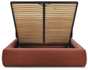 Pat matrimonial portocaliu tapițat cu spațiu de depozitare și somieră 180x200 cm Vernon – Bobochic Paris