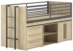 Set SAM în finisaj de stejar este format dintr-un Pat copii (90 x 200 cm), o bibliotecă, o comodă cu 2 uși și o comodă cu 3 sertare.