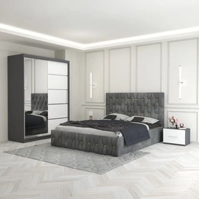 Set Mobila De Dormitor Eric Gri 2, pat tapitat 160x200cm, dulap cu oglinda 150x210cm, noptiere