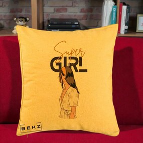 Perna Decorativa Super Girl Aesthetic, 40x40 cm, Galben, Husa Detasabila, Perna Inclusa, BEKZ®
