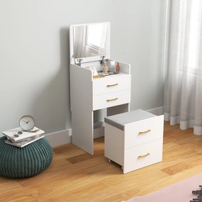 HOMCOM Masuta de Toaleta 3-in-1 cu Oglinda, Masuta de Noapte, Scaun cu Rotile, Sertare, Alb | Aosom Romania