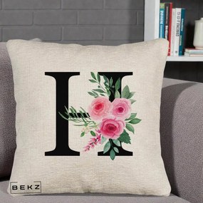 Cadou Personalizat - Perna Personalizata Monograma Florala Litera H cu Trandafiri Roz, 40x40 cm, Bej Canapea, Husa Detasabila, Perna Inclusa, BEKZ®