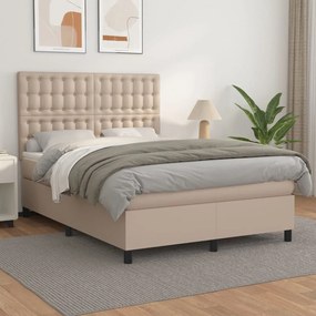 vidaXL Pat box spring cu saltea, cappuccino, 140x190cm piele ecologică