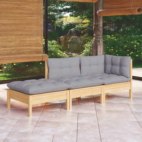 3096279 vidaXL Set mobilier grădină cu perne, 3 piese, gri, lemn masiv pin
