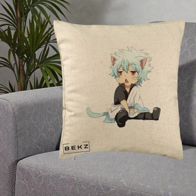 Perna Personalizata Gintama Gintoki Chibi Pisica, 40x40 cm, Bej, Husa Detasabila, Perna Inclusa, BEKZ®