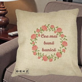 Cadou pentru Bunica - Perna Personalizata Cea Mai Buna Bunica Coronita Trandafiri Roz Clasic, 40x40 cm, Crem, Husa Detasabila, Perna Inclusa, BEKZ®