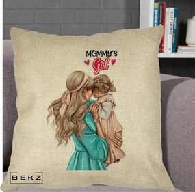 Cadou pentru Mama - Perna Personalizata Mommy's Girl Mama si Fetita, 40x40 cm, Crem, Husa Detasabila, Perna Inclusa, BEKZ®