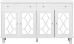 Bufet cu patru uși oglinzite, comodă cu sertare și mânere din cristal, 140x40x83 cm, Alb