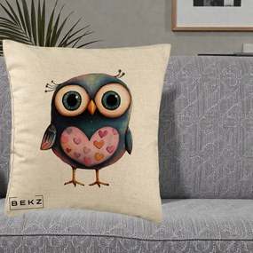 Perna Decorativa Bufnita cu Inimioare Roz, 40x40 cm, Bej, Husa Detasabila, Perna Inclusa, BEKZ®