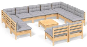 3097216 vidaXL Set mobilier de grădină cu perne, 12 piese, gri, lemn masiv pin