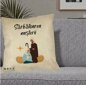 Perna Decorativa Nasterea Domnului Sfanta Familie Sarbatoarea Nasterii, 40x40 cm, Crem, Husa Detasabila, Perna Inclusa, BEKZ®