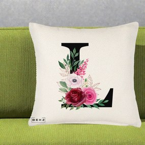 Cadou Personalizat - Perna Personalizata Monograma Florala Litera L, 40x40 cm, Crem Reliefat, Husa Detasabila, Perna Inclusa, BEKZ®
