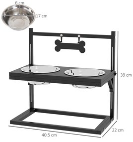 PawHut Boluri pentru Câini cu Înălțime Reglabilă și Plăcuță de Identificare, 2 Boluri din Oțel pentru Apă și Mâncare, 40.5x22x39 cm, Negru