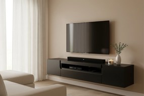 Comoda TV suspendată Loftia 200 cm cu nișă – negru mat